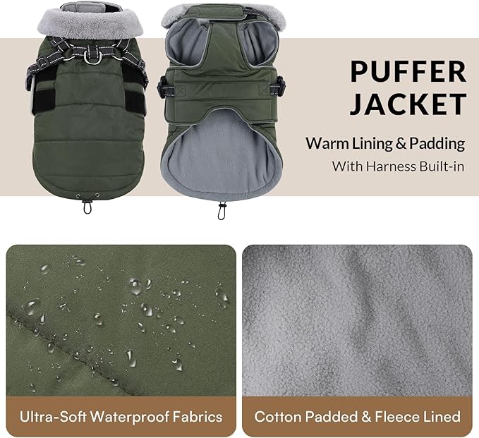 Queenmore Winter Dog Jackets for Large Dogs XXL, Waterproof Winter Coat for Extra Large Pitbull Danes, Warm Puffer Snow Jacket for Cold Weather - Fleece Lining Hook & Loop Closure Reflective, Green