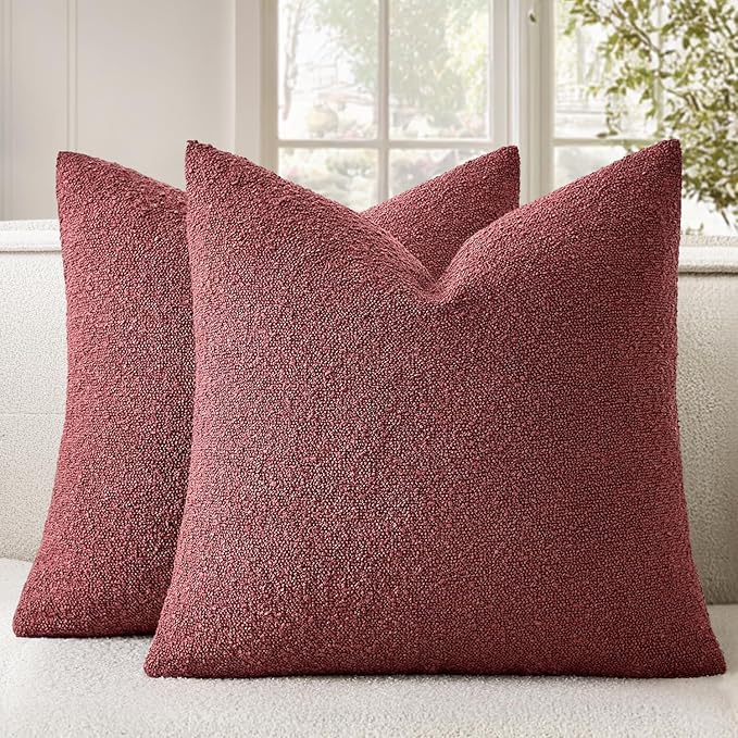 Woaboy Pack of 2 18x18 Inch Decorative Boucle Throw Pillow Covers Textured Square Pillowcaes Accent Solid Cozy Soft Cushion Covers Home Decor for Sofa Couch Living Room Home Decor,Burgundy