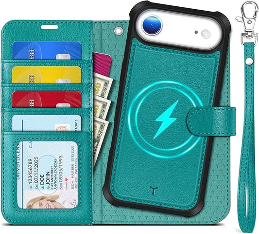 TUCCH Detachable Case Wallet for iPhone Air (6.5") 2025, Wrist Strap | 4 Card Slots RFID Blocking | Wireless Charging | Stand | 2-in-1 Magnetic | PU Leather | Shockproof Folio Cover | Cyan