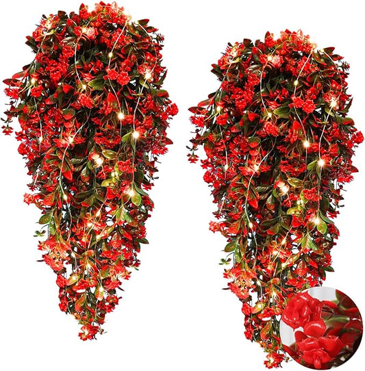 RECUTMS Faux Hanging Plants 2 Pack Hanging Flowers Artificial Decor Greenery Fake Vines with Lights Strings Plastic Flowers Artificial Ivy Leaves Long Stem for Porch Patio Kitchen (Red)