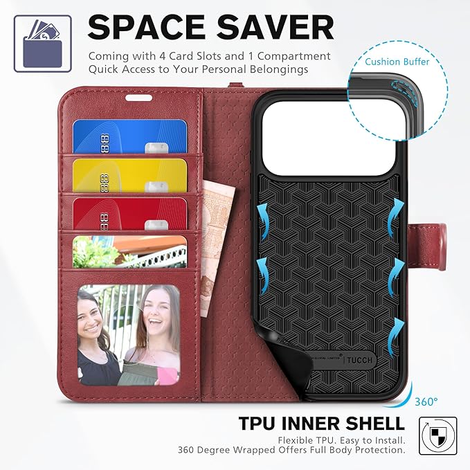 TUCCH Case Wallet for iPhone 17 Pro Max (6.9-Inch) 2025, Wrist Strap | Stand | RFID Blocking | 4 Card Holders | TPU Shockproof Inner Shell | PU Leather | Magnetic Folio Cover | Dark Red
