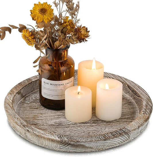 Hanobe Candle Plate Holder Tray: Round Wood Decorative Candle Plate - Rustic Farmhouse CoffeeTable Decor - Tealight Pillar Trays for Home Decor (Whitewash)