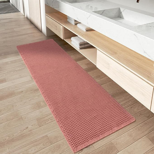 AMOAMI Upgraded Waffle Runner Rug Super Absorbent Non Slip Bath Mats for Bathroom Machine Washable Bathroom Runner Rug with Tassels, Ideal for Hallway Bedroom Laundry Room, Coral, 2'x 5'(24" x 60")