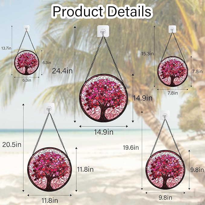 DASTOLL Stained Glass Window Hanging, Pink Love Tree of Life Sun Catchers Colorful Glass Panel Suncatcher Decor for Birthday for Women, Men, Wife, Lovers, and Mom 11.8x11.8 in