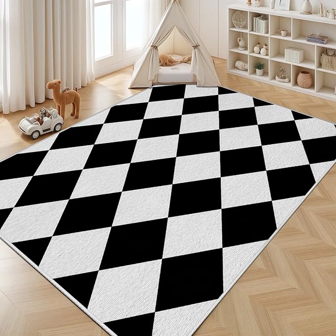 Checkered Rug, Black White Rug, Washable Rugs 4x5, Geometric Rhombus Plaid Area Rugs, Grid Gingham Carpet for Living Room Non Slip Home Decor