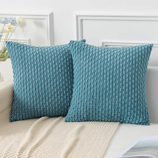 Kevin Textile Throw Pillow Covers Soft Corduroy Decorative Set of 2 Boho Striped Pillow Covers Pillowcases Farmhouse Home Decor for Couch Bed Sofa Living Room 24x24 Inch Light Blue