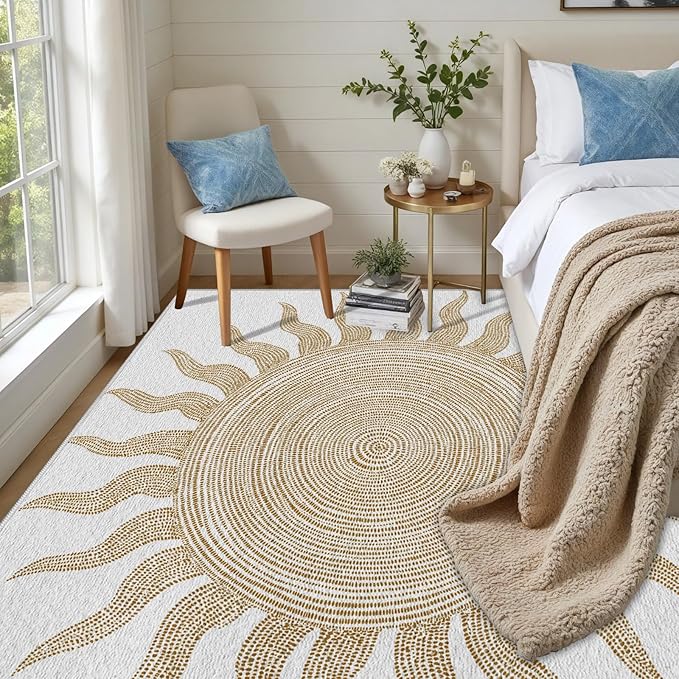 Boho Washable Rugs for Bedroom 5x7, Modern Sun Print Soft Minimalism Area Rug, Non Slip Low Pile Abstract Carpet for Classroom Living Room Decor Dining Room Sofa Kids Nursery Room, Beige Yellow