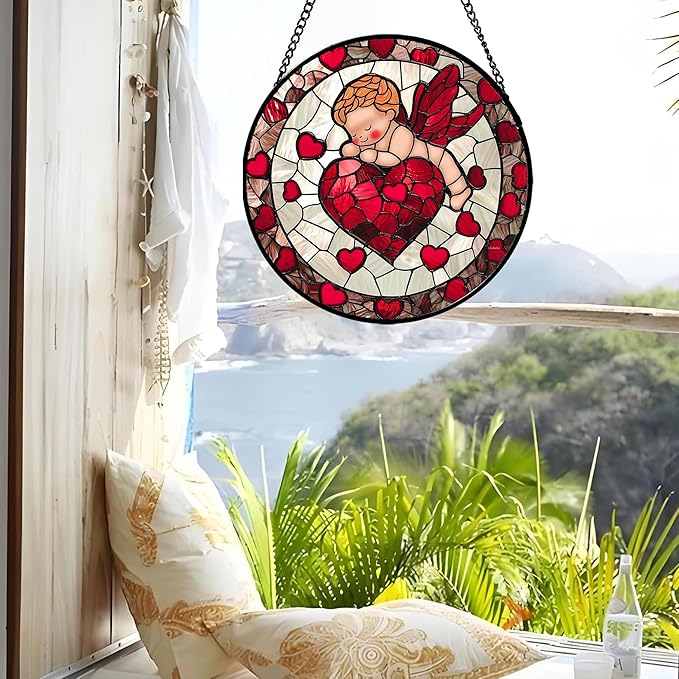 Stained Glass Window Hanging - Red Love Angel Sun Catcher for Door Garden Home Decor Cute Suncatcher Christmas Mother's Day Birthday for Women Men Mom Nana 15 in