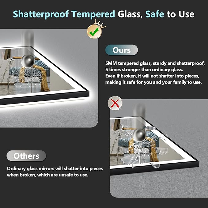 24x30 Black Framed LED Bathroom Mirror with Lights, Backlit + Front Lit, Anti-Fog Lighted Vanity Mirror for Bathroom Wall with 3 Colors, Dimmable, Memory, Tempered Glass, Horizontal/Vertical