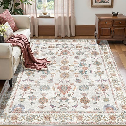Tangsoo Washable Area Rug, 4x6 Pottery Barn Neutral Floral Rugs for Bedroom Living Room, Vintage Boho Non Slip Low Pile Beige Carpet for Farmhouse Nursery Office Laundry, Pet & Child Friendly