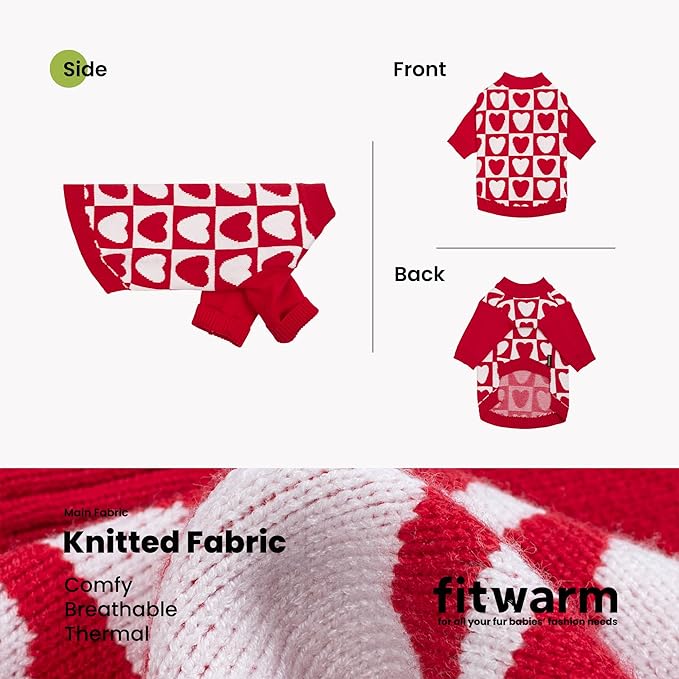 Fitwarm Checkered Heart Dog Sweater, Cozy Valentines Outfit for Small Dogs Girl, Festive Pet Clothes, Red, White, Large