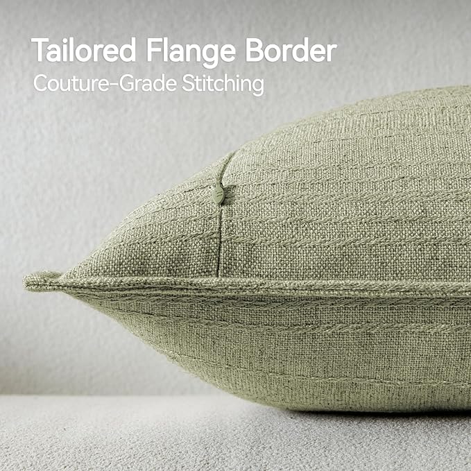 a moment Linen Pillow Covers Set of 2,Boho Farmhouse Throw Pillowcases Neutral Textured Decorative Covers for Couch Sofa,Linen Blend Accent Case Cushion Living Room Home Decor 26"x26"Seeding Green