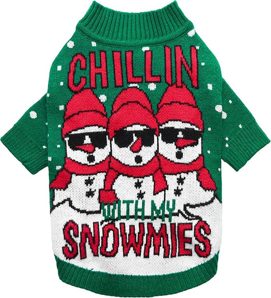 Fitwarm Chillin with My Snowmies Dog Ugly Christmas Sweater, Winter Dog Clothes for Small Dogs Girl Boy, Pet Holiday Sweatshirt, Xmas Snowman Outfit, Green, Red, White, XXL