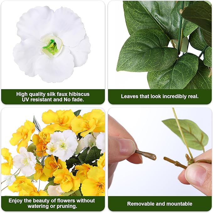 Fake Hibiscus Artificial Hanging Flowers Plants for Outdoors Spring Decoration, 4pcs Silk Hibiscus Vines Realistic UV Resistant Faux Flowers for Outside Planter Porch Patio Yard Wedding Party, Mix