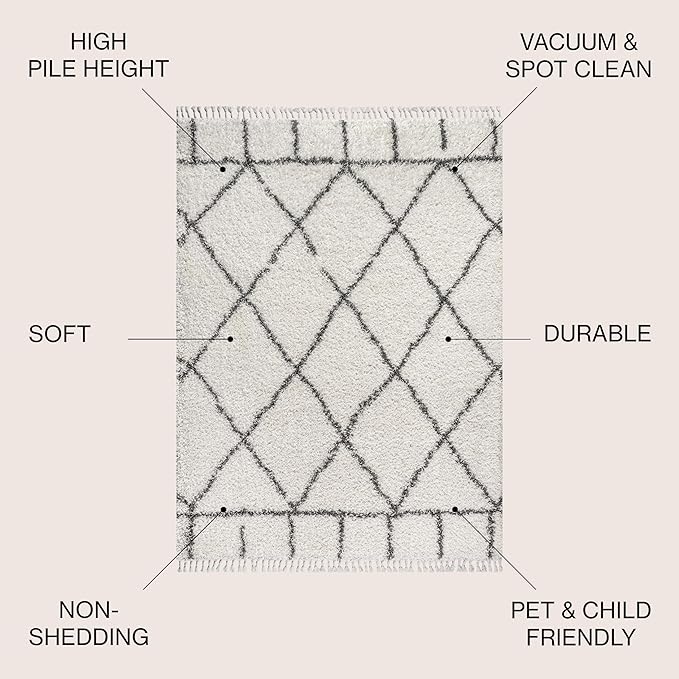 JONATHAN Y Mercer Shag Plush Tassel Ivory/Gray Indoor Area Rug, 5x8, Moroccan Geometric Trellis, Easy-Cleaning for Living Room, Bedroom, Kitchen, Pet Friendly, Non-Shedding (MCR101B-5)