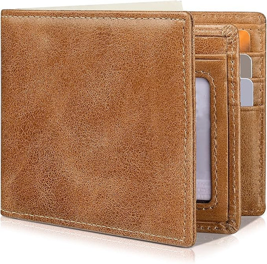 Artpaxy Mens Wallet Genuine Leather Bifold RFID Blocking Wallet for Men with 1 ID Window 13 Card Holders 2 cash pockets 1 Gift Box (Light Brown)