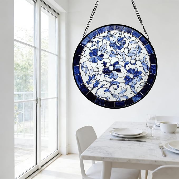 Stained Glass Window Hanging, Blue and White Abstract Flowers Sun Catcher for Door Home Decor Suncatcher Christmas Mother's Day Birthday Gifts for Women Men Mom and Nana 11.8 in