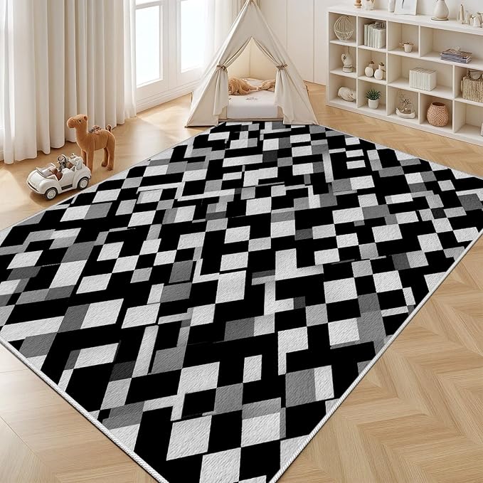 Black White and Grey Rug - Geometric Area Rug, Area Rugs 5x6, Modern Abstract Rugs, Irregular Block Splicing Carpet Washable Non Slip Home Decor Carpet for Living Room