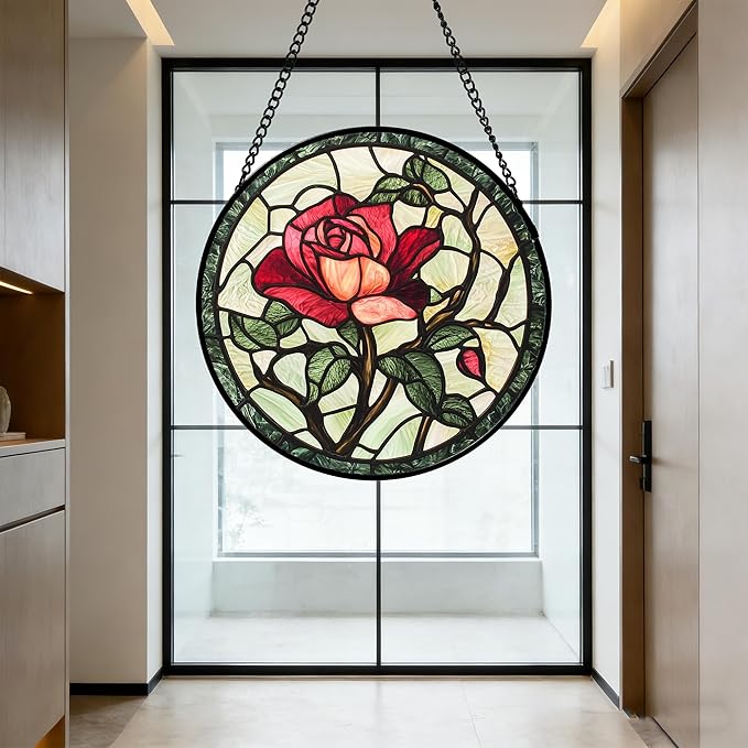 Stained Glass Window Hanging, Red Rose Flowers Sun Catcher for Door Garden Home Decor Suncatcher Christmas Mother's Day Birthday Gifts for Women Lovers Men Wife Girlfriend Mom Nana 11.8 in