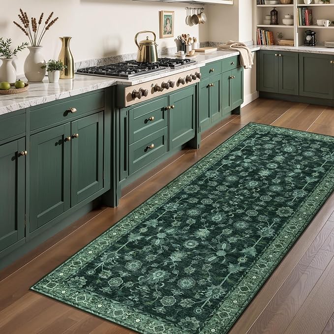 Tangsoo Green 2x5 Runner Rug Non Slip Washable for Kitchen Bathroom, Vintage Floral Boho Rug Runner for Hallway Entryway, Low Pile Carpet Door Mat Indoor Entrance for Bedroom Laundry Pet&Kids Friendly