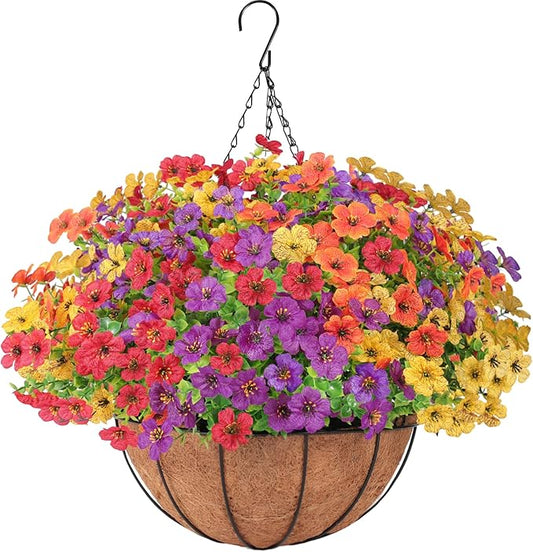 Artificial Faux Hanging Flowers Plants Basket for Outdoors Spring Summer Decoration,Hanging Planters with Silk Fake Daisy Flowers Realistic UV Resistant for Outside Balcony Patio Porch Home Multicolor
