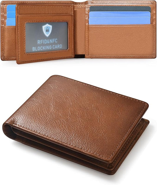 MARZAHAR Genuine Leather Mens Wallet, RFID Blocking Bifold Wallet for Men with ID Window, 11 Credit Card Slots (Brown)