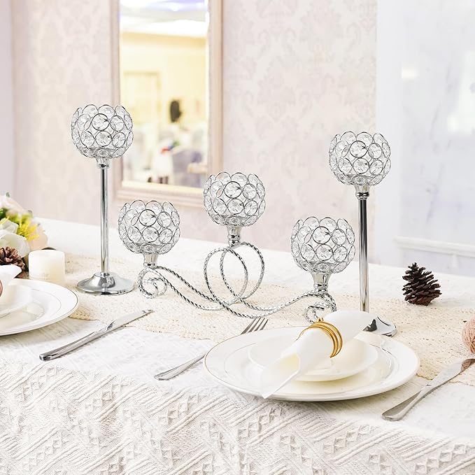 Silver 5 Arm Metal Crystal Tea Light Candle Holder, Elegant Wedding Table Centerpiece Candle Holder, Christmas Wishing Crystal Bowl Candle Holder Suitable for Wedding Party Living Room Decoration