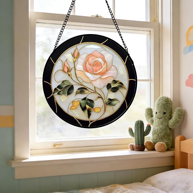 Stained Glass Window Hanging - Black White Pink Rose Sun Catcher for Door Home Decor Flower Suncatcher Christmas Mother's Day Birthday Gifts for Women Men Lovers Mom Nana 6.3 in