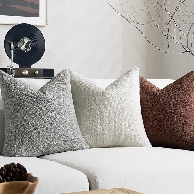 Throw Pillow Covers 18 x 18 Inch Set of 2, Accent Soft Boucle Textured Pillow Cover, Decorative Solid Color Cozy Cushion Pillow Case for Couch Bedroom Sofa Living Room Home Decor, Light Gray