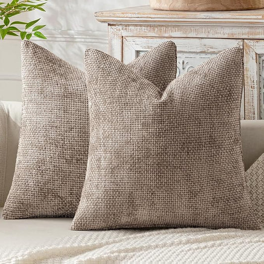 MIULEE Pack of 2 Couch Throw Pillow Covers 18x18 Inch Light Khaki Boho Accent Decorative Pillow Covers Soft Chenille Farmhouse Taupe Cushion Covers for Home Decor Bed Sofa Living Room