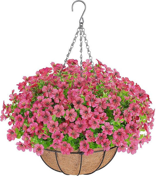 Artificial Flowers Hanging Plants in Basket,Artificial Hanging Flowers for Outdoor Indoor Decor,UV Resistant Hanging Baskets with Fake Flowers for Patio Garden Porch Deck Decoration