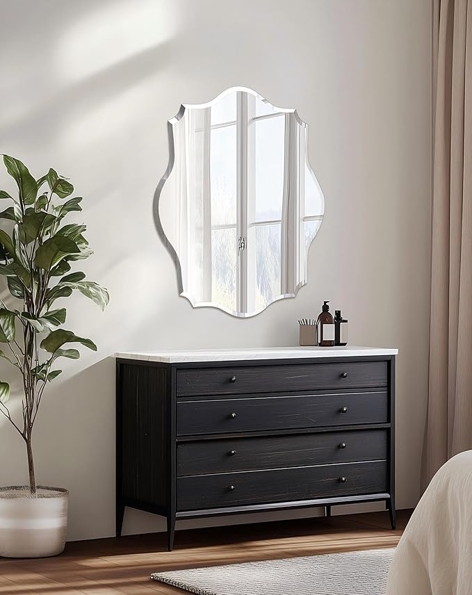 Frameless Scalloped Wall Mirror: Decorative Scallop Oval Mirrored Glass Vanity with Beveled Silver Edge for Bathroom Bedroom Livingroom Dining Room Entryway Hallway, 28 x 20 inch