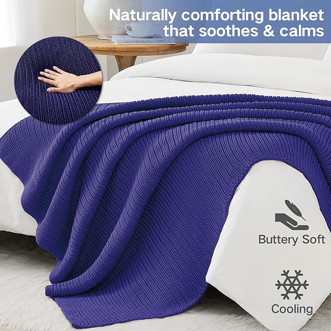Guohaoi Knitted Weighted Blanket for Adults (Blue 60"x80" 17lbs) No Beads Cooling Throw Blanket for Hot Sleepers, Home Decor Breathable Chunky Knit Heavy Blanket Use on Queen/King Size Bed