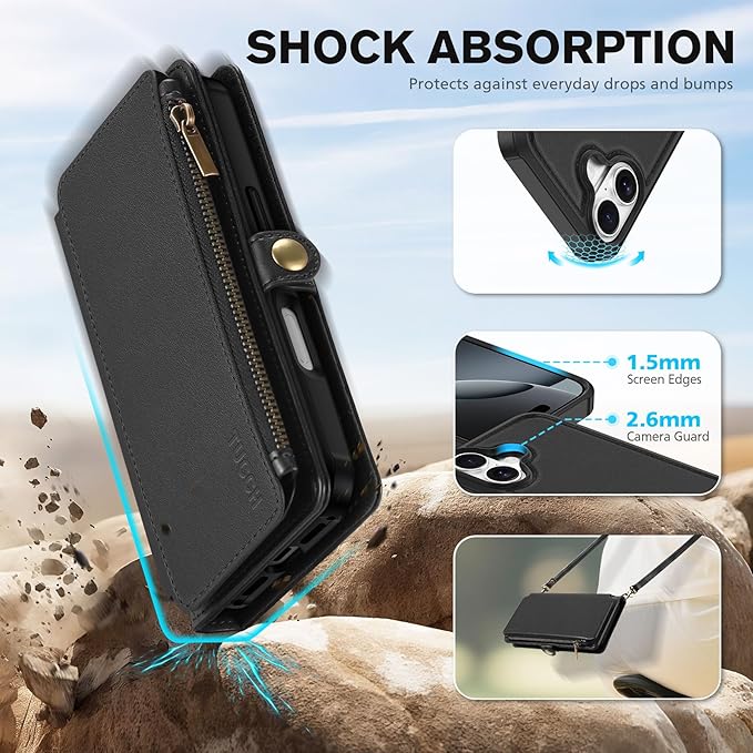 TUCCH Crossbody Detachable Wallet Case for iPhone 17 (6.3") 2025, 9 Card Slots RFID Blocking | Wireless Charging | Wrist Strap | Lanyard | Stand | Zipper Pocket | PU Leather Shockproof Cover | Black