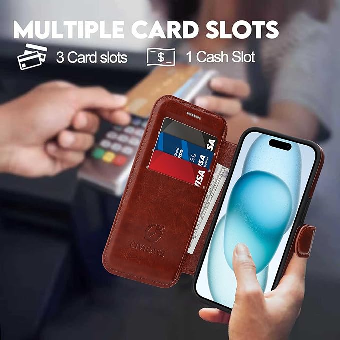 CIVICASE for iPhone 15 Wallet Case with Stand,PU Leather Flip Credit Card Holder Slots (RFID Blocking),Compatible with Magsafe Magnetic Holder Phone Cover Women Men, Dark Brown