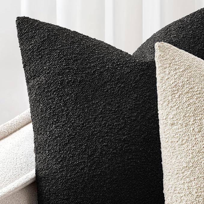 Woaboy Pack of 2 18x18 Inch Decorative Boucle Throw Pillow Covers Textured Square Pillowcaes Accent Solid Cozy Soft Cushion Covers Home Decor for Sofa Couch Living Room Home Decor,Black