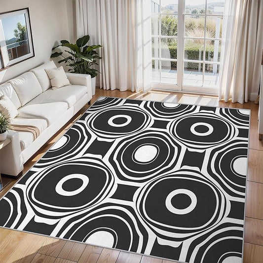 Black and White Geometric Rugs for Home Decor, 7x9 ft, Ring Circle Area Rugs for Living Room, Soft Non Slip Washable Modern Abstract Carpet Bedroom Decorations Dt-Ghf-31