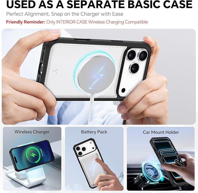 TUCCH 2-in-1 Detachable Wallet Case for iPhone 17 Pro Max (6.9") 2025, Wireless Charging | RFID Blocking 4 Card Holder | Wrist Strap | Kickstand | Magnetic | PU Leather | Protective Flip Cover | White
