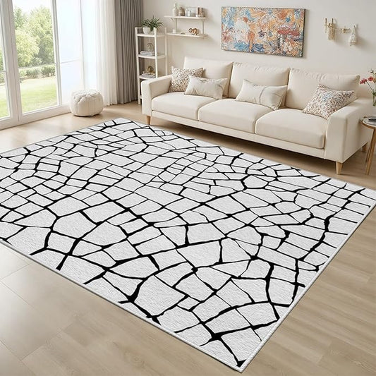 Black and White Area Rug, Abstract Rug, Contemporary Minimalist Rugs, Geometric Cracks Area Rugs, Modern Geometric Carpet for Living Room, Washable Non Slip Home Decor Mat 4x6