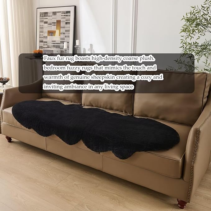 1700GSM Fuzzy Faux Sheepskin Fur Area Rug,Extra Soft Faux Fur Mat,Fluffy Shaggy Fur Rug for Bedroom Living Bedside Rug Room Decor-Black, 2 x 3 ft