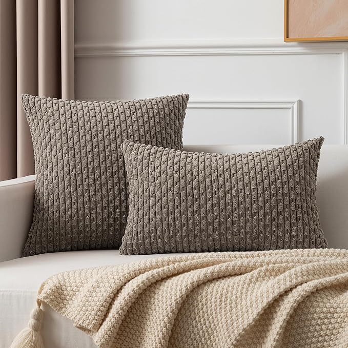 Kevin Textile Throw Pillow Covers Soft Corduroy Decorative Set of 2 Boho Striped Pillow Covers Pillowcases Farmhouse Home Decor for Couch Bed Sofa Living Room 16x16 Inch Light Brown