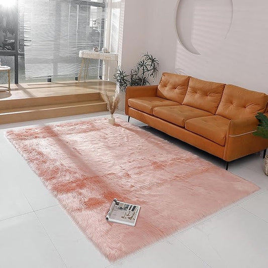 Faux Fur Rug Sheepskin Shag Fluffy Fuzzy 6x9 ft Pink Rugs for Bedroom Bedside Bed Floor Living Room Plush Rectangle High-Density Cushion Carpet Super Sofa Cover