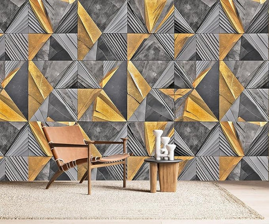 AFZEVEB-3D Geometric Wall Mural Gray and Gold Wallpaper for Bedroom 114"x74"(Not Peel and Stick)
