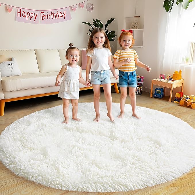 Round Fluffy Rugs 4Ft for Girls Bedroom, Cream White Shag Circle Kids Rug Non-Slip for Bedside Dorm Nursery Playroom, Soft Cute Area Rugs for Living Room Decor