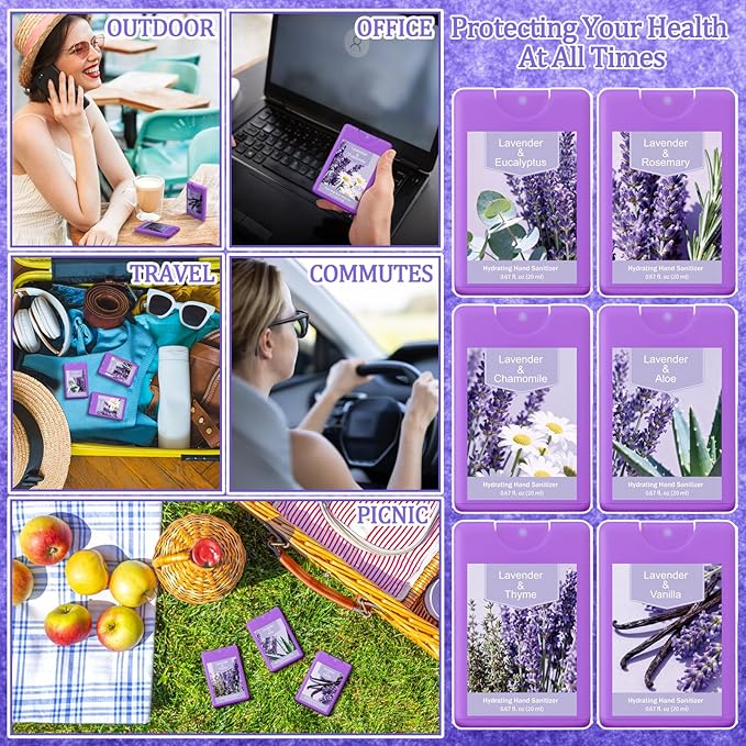 6 Pcs Hand Sanitizer Spray Lavender Scented Hydrating Hand Sanitizer Travel Size Portable Cleans Hands Sanitizing for Travel Adults Office Team Family School