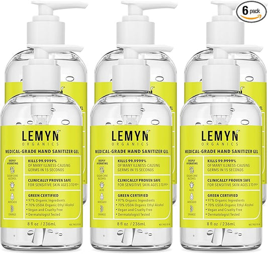 Medical Grade Hand Sanitizer Gel - 97% ORGANIC - 8 FL.OZ. with PUMP (PACK OF 6)