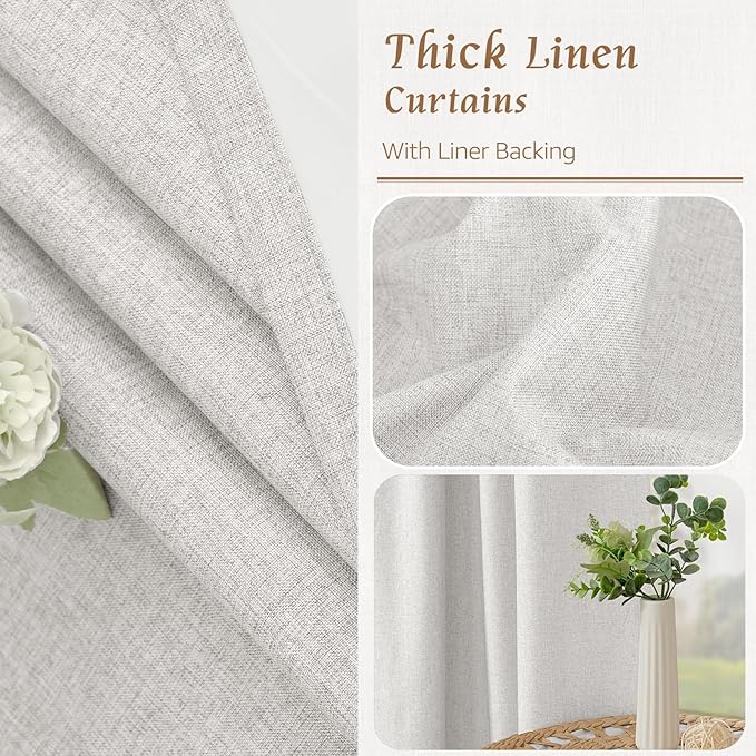 LAMIT Short Window Linen Curtains 48 Inch Length 2 Panels, 100% Blackout Linen Textured Thermal Curtains Back Tab and Rod Pocket Neutral Panels with White Liner for Bedroom, 34 x 48 Inch, Light Grey