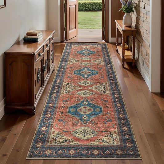 Tangsoo 2.6x8 Washable Runner Rug for Hallways, Non Slip Vintage Runner Rug, Soft Low Pile Long Rug Runner, Print Carpet Runners for Kitchen Bedroom Entryway Bathroom Living Room Terracotta