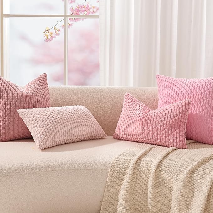 Kevin Textile Valentines Day Decorative Pillow Covers Set of 2 Striped Plush Corduroy Pillows Pillowcases Boho Home Decor Cushion Covers for Couch Sofa Bed Living Room 16x16 Inch, Pink