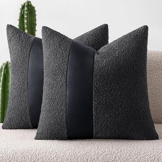 MIULEE Boucle Throw Pillow Covers 20x20 Inch Set of 2 Black Faux Leather Textured Decorative Pillow Cases Boho Farmhouse Accents Cushion Covers for Couch Bed Livingroom Home Decor
